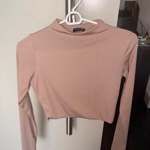 Naked Wardrobe Pink/Tan Crop Ribbed Bodycon Mock Neck Top